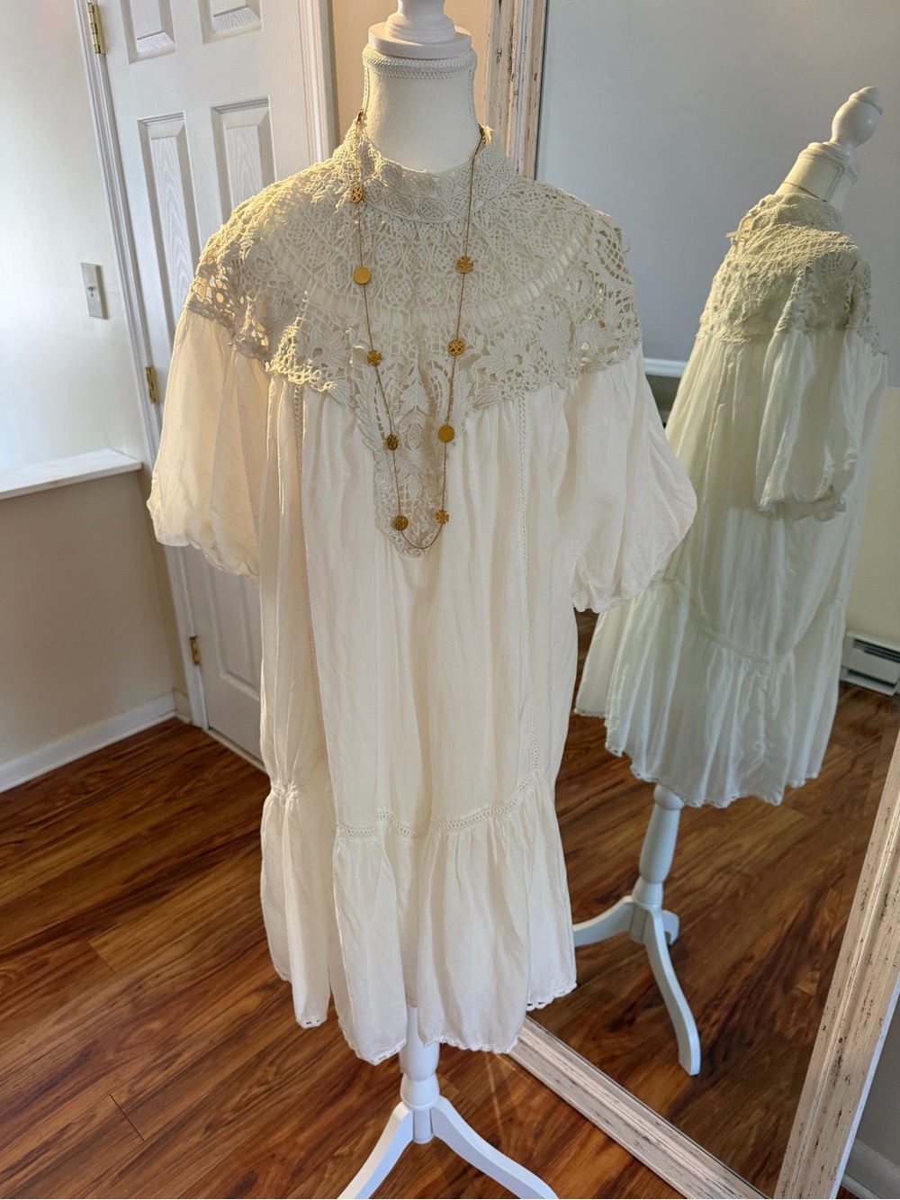 Boho Crochet Yoke Cream Midi Dress